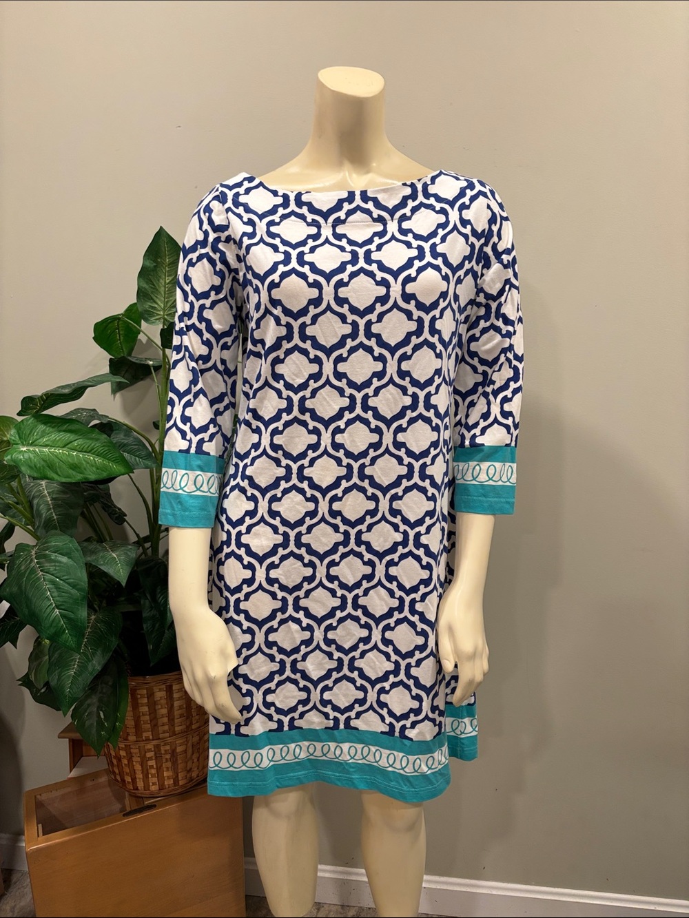 Barbara Gerwit Blue and White Tile Print Shift Dress with Teal Loop Trim